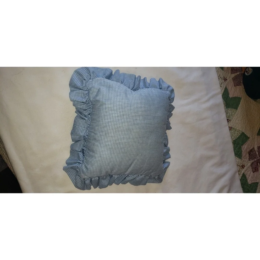 Vintage Floral Poppy Gingham Ruffle Throw Pillow Blue White Country Cottagecore